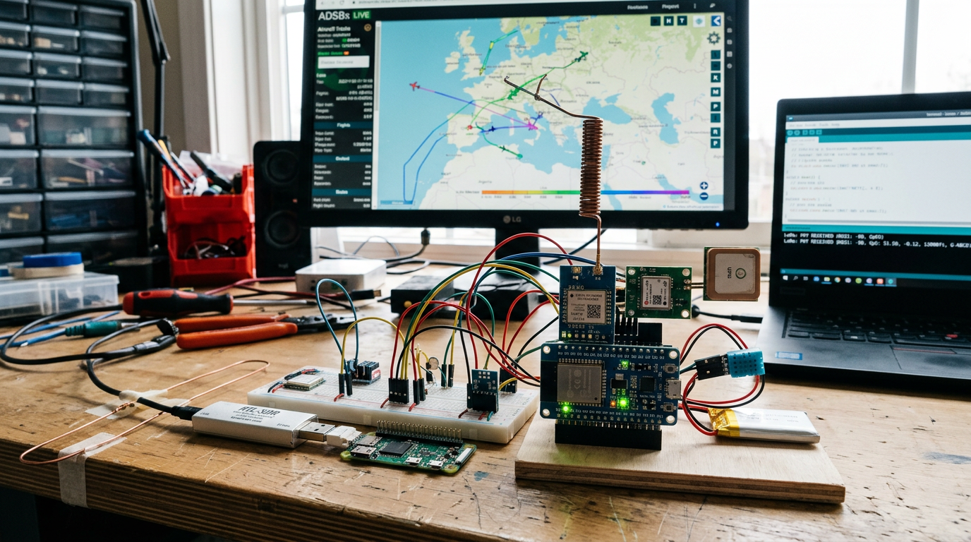 Electronics workbench with flight map, circuit boards, antennas, and connected laptop