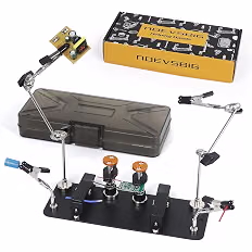 Helping hands setup demonstrating various methods of holding circuit boards and components